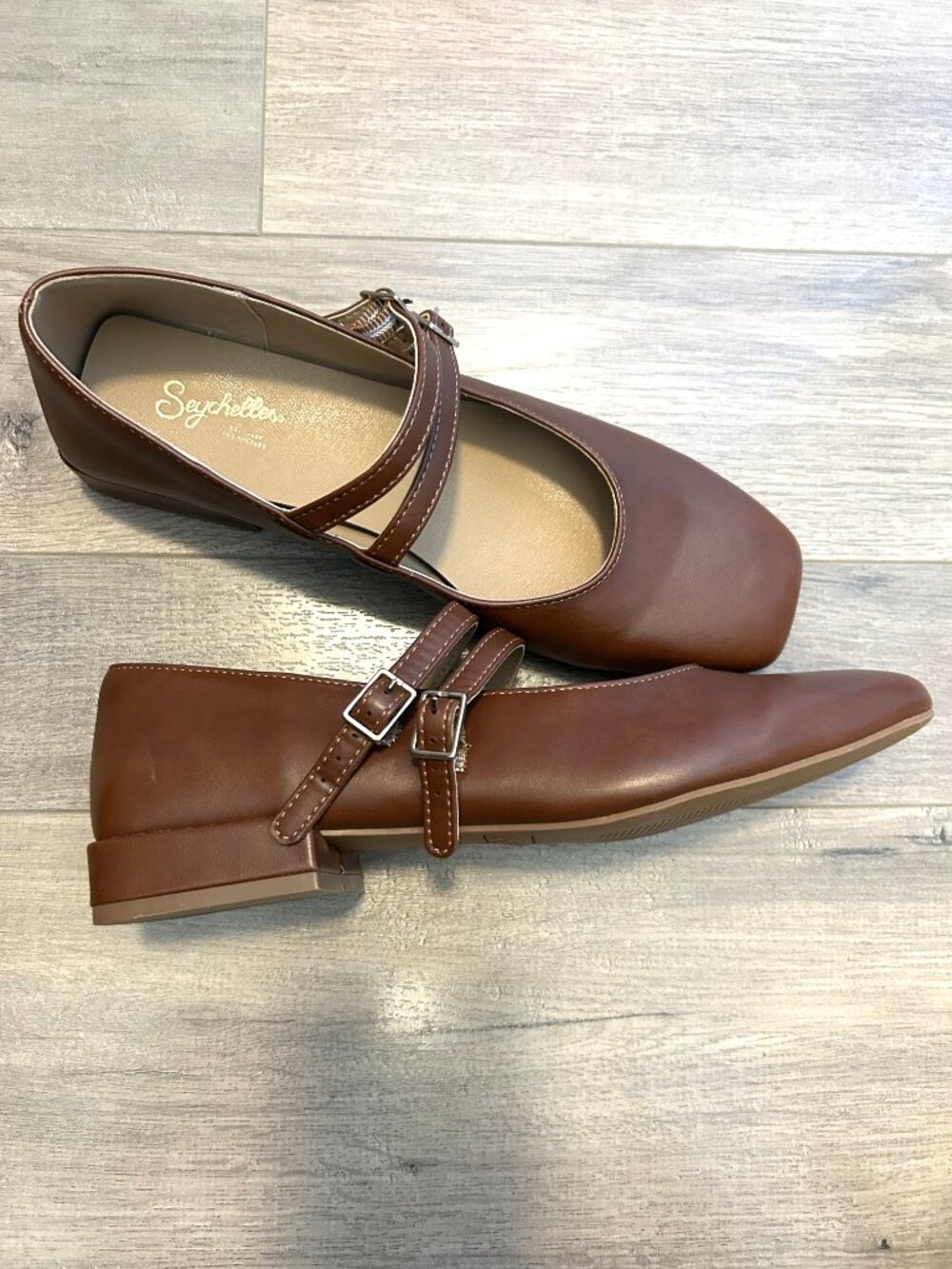 NWOT Seychelles Frannie double-strap brown square-toe Mary Jane flats, size 7.5 - Picture 2 of 4
